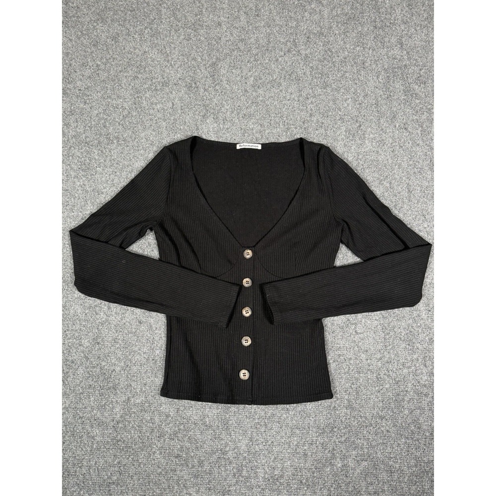 Reformation Long Sleeve Rib Knit Top Button Detail V Neck Womens Small Black EUC